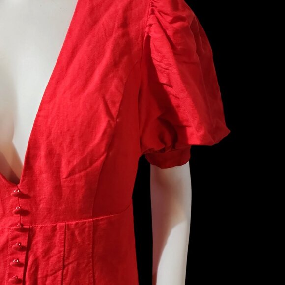 Bardot Talullah Linen Blend Minidress Puff Sleeves Button Accents Plunge Neck - Picture 5 of 7